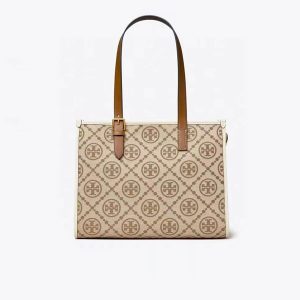 TORY BURCH 小號 經典老花單肩托特包 榛子棕