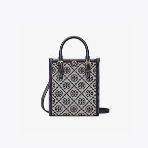 Tory Burch T Monogram 緹花迷你托特包 海軍藍/棕色