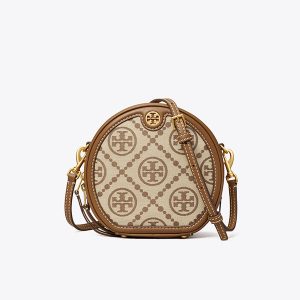 Tory Burch T Monogram 緹花圓餅包 單肩斜跨包 棕色（中號/迷你）
