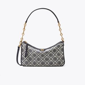 Tory Burch T Monogram 緹花單肩斜挎包 手提腋下包 海軍藍/榛子棕