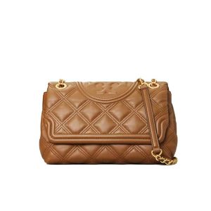 Tory Burch Fleming 羊皮菱格鏈條包 單肩斜挎包 棕色 大號/小號