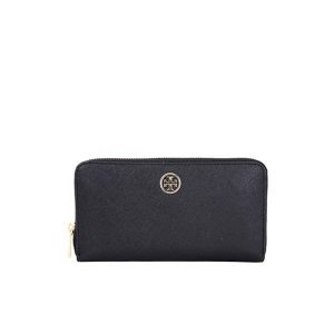 Tory Burch Robinson 經典十字纹防刮皮革拉鏈長夾 长款钱包 黑色/粉色