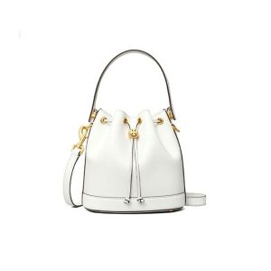 Tory Burch 純色全皮抽繩水桶包 手提單肩斜挎包 白色