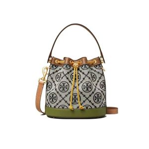 Tory Burch T Monogram 小號復古提花抽繩水桶包 藍綠拼色