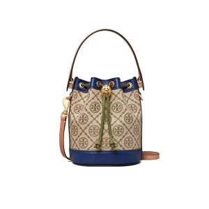 Tory Burch T Monogram 小號抽繩水桶包 手提斜挎包 藍色拼棕色