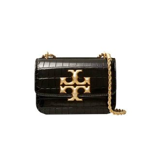 Tory Burch TB Eleanor 鱷魚紋牛皮翻蓋 雙T大Logo 鏈條方包 小號 黑色